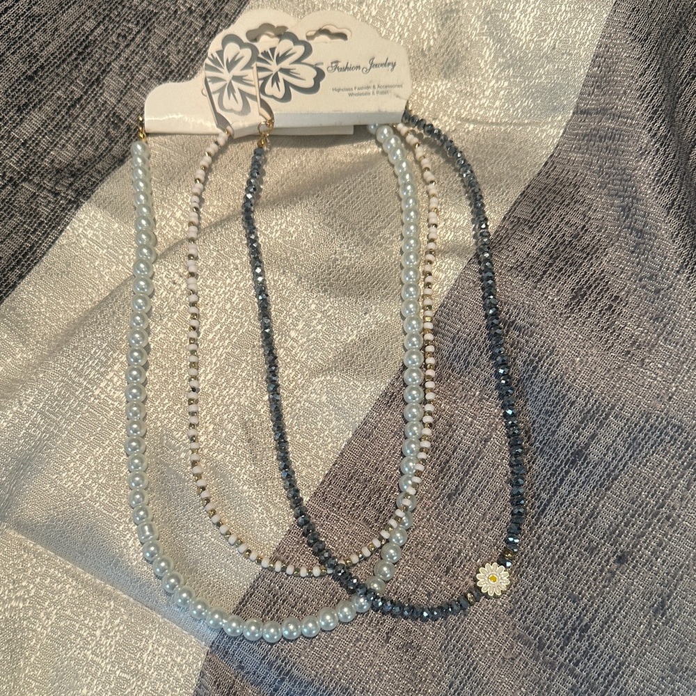 Fashion Jewelry Blue and Silver Necklace Trio